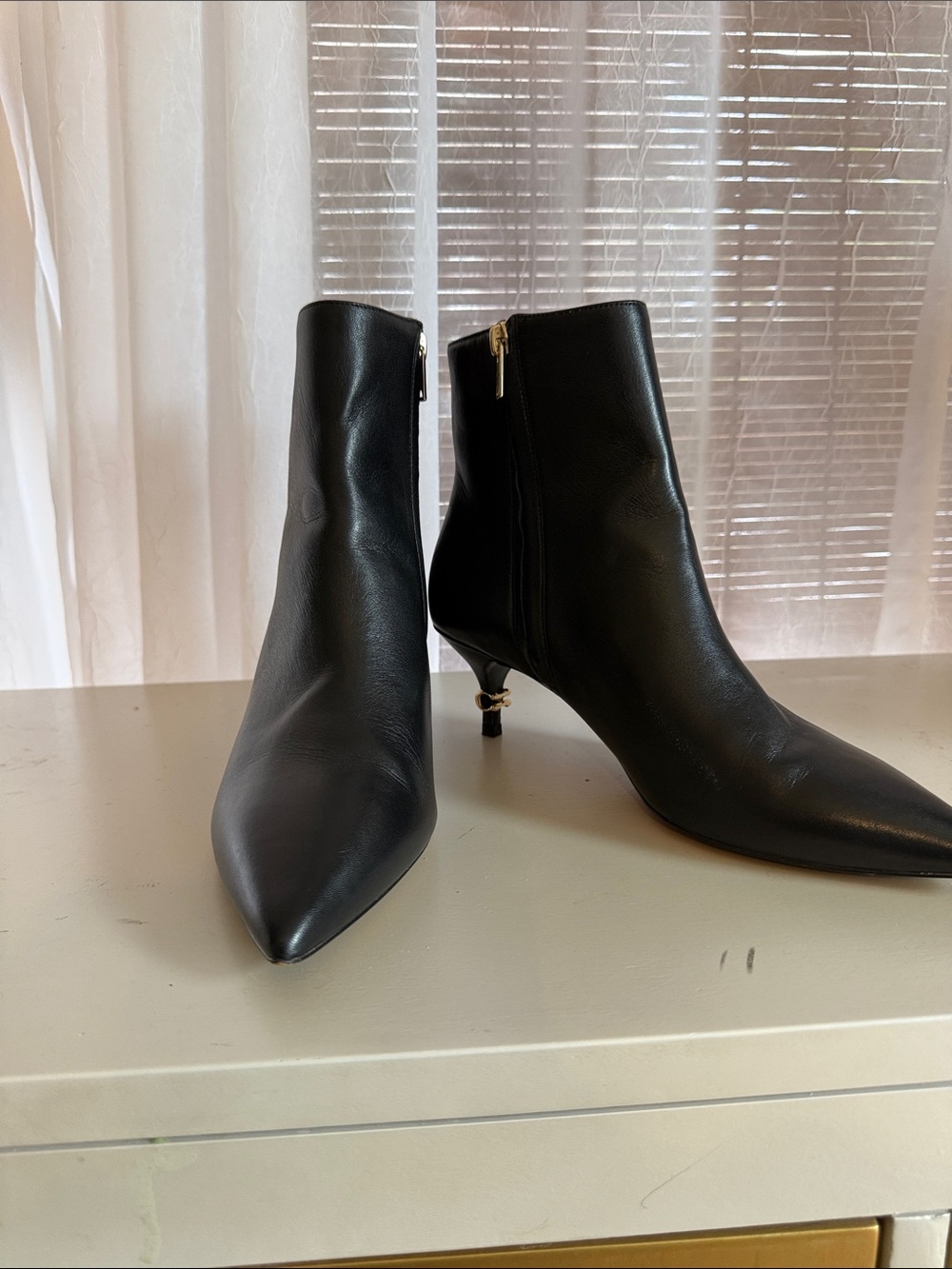 Coach Black Pointed Toe Leather Ankle Booties with Gold Kitten Heel  jewel Booty